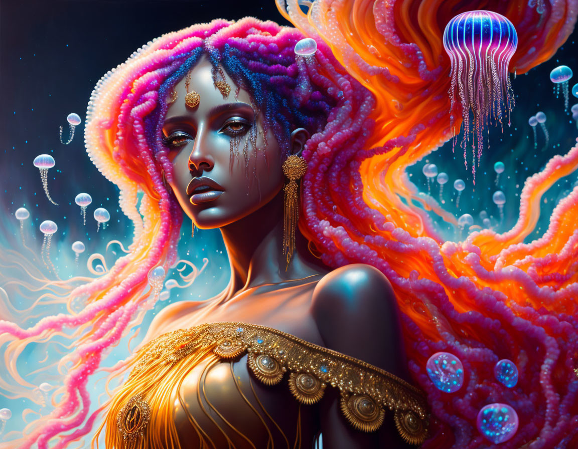 Surreal portrait: Woman with coral hair and gold adornments among ethereal jellyfish