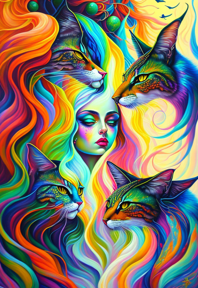 Colorful painting of female figure with closed eyes, surrounded by stylized cats and rainbow hair.
