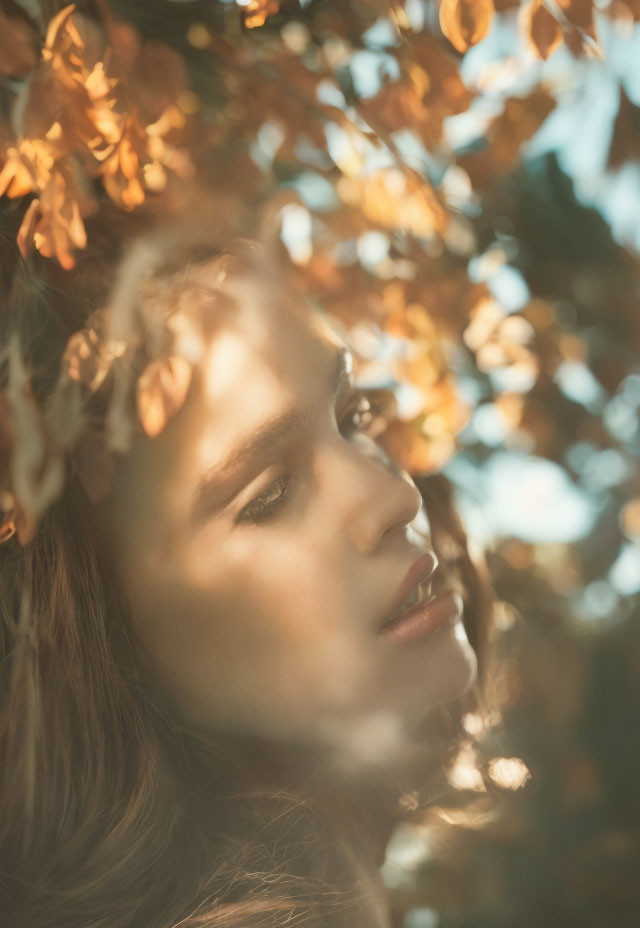 Woman Peering Through Sun-Dappled Leaves Portrait