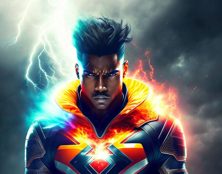 Superhero digital art: lightning and fire effects, modern suit, glowing chest emblem