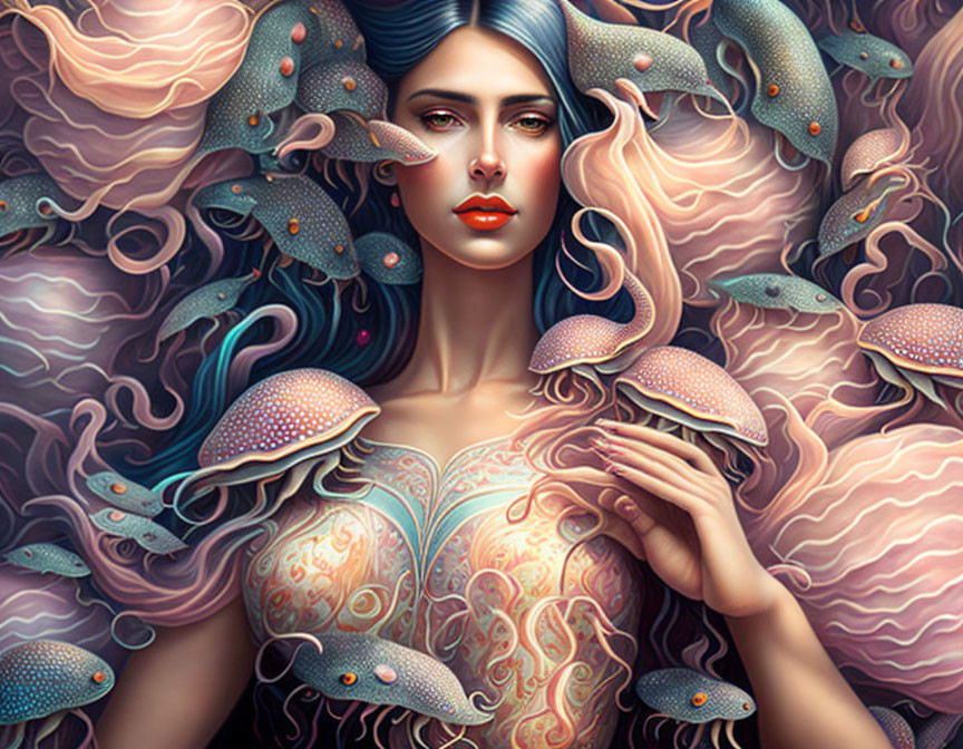 Surrealist portrait of woman with flowing hair and sea creatures on pink background