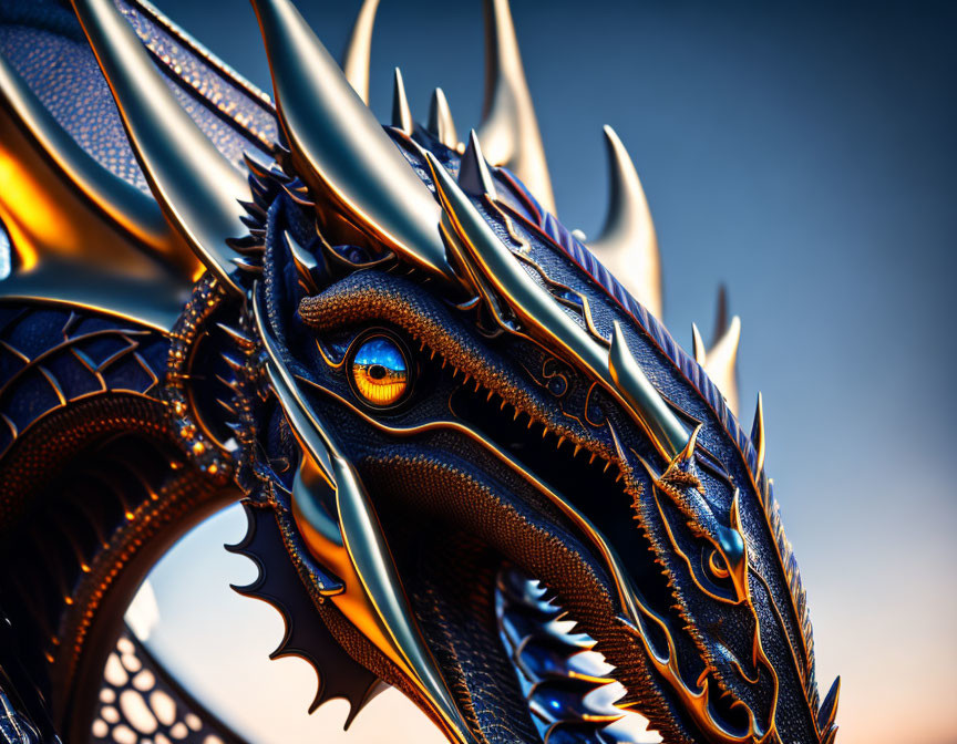 Detailed close-up of dragon with intricate scales, sharp spikes, and glowing orange eye in twilight scene