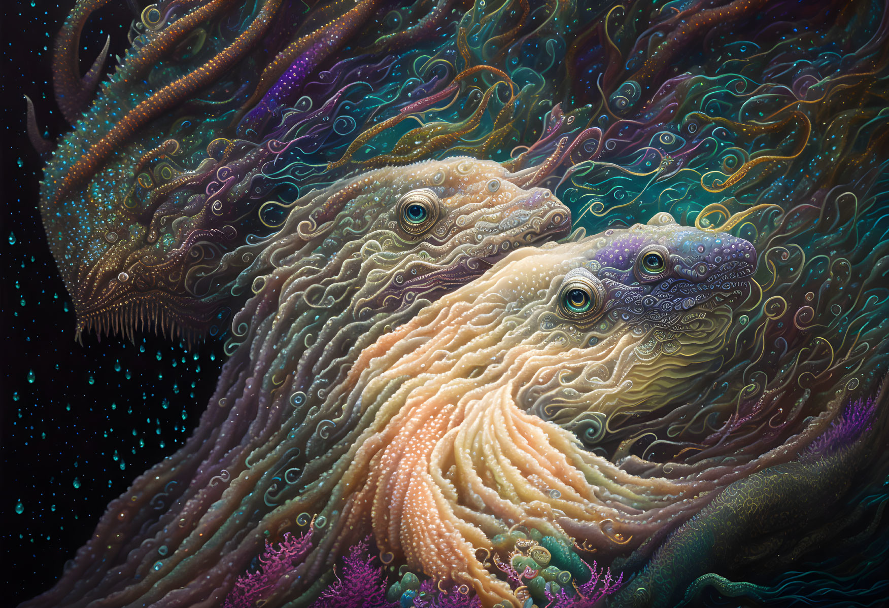 Vibrant multicolored sea serpents in surreal artwork