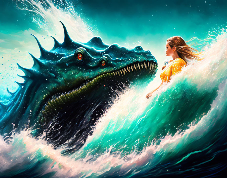 Woman in yellow dress riding colossal blue sea serpent in mystical oceanic scene