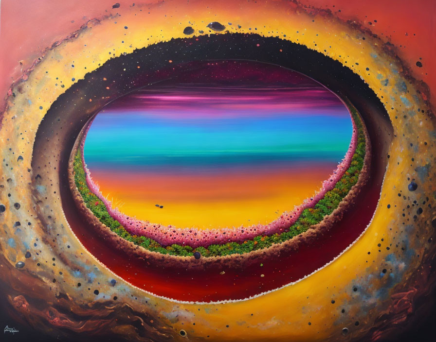 Vibrant circular landscape painting with textured rings and color gradients