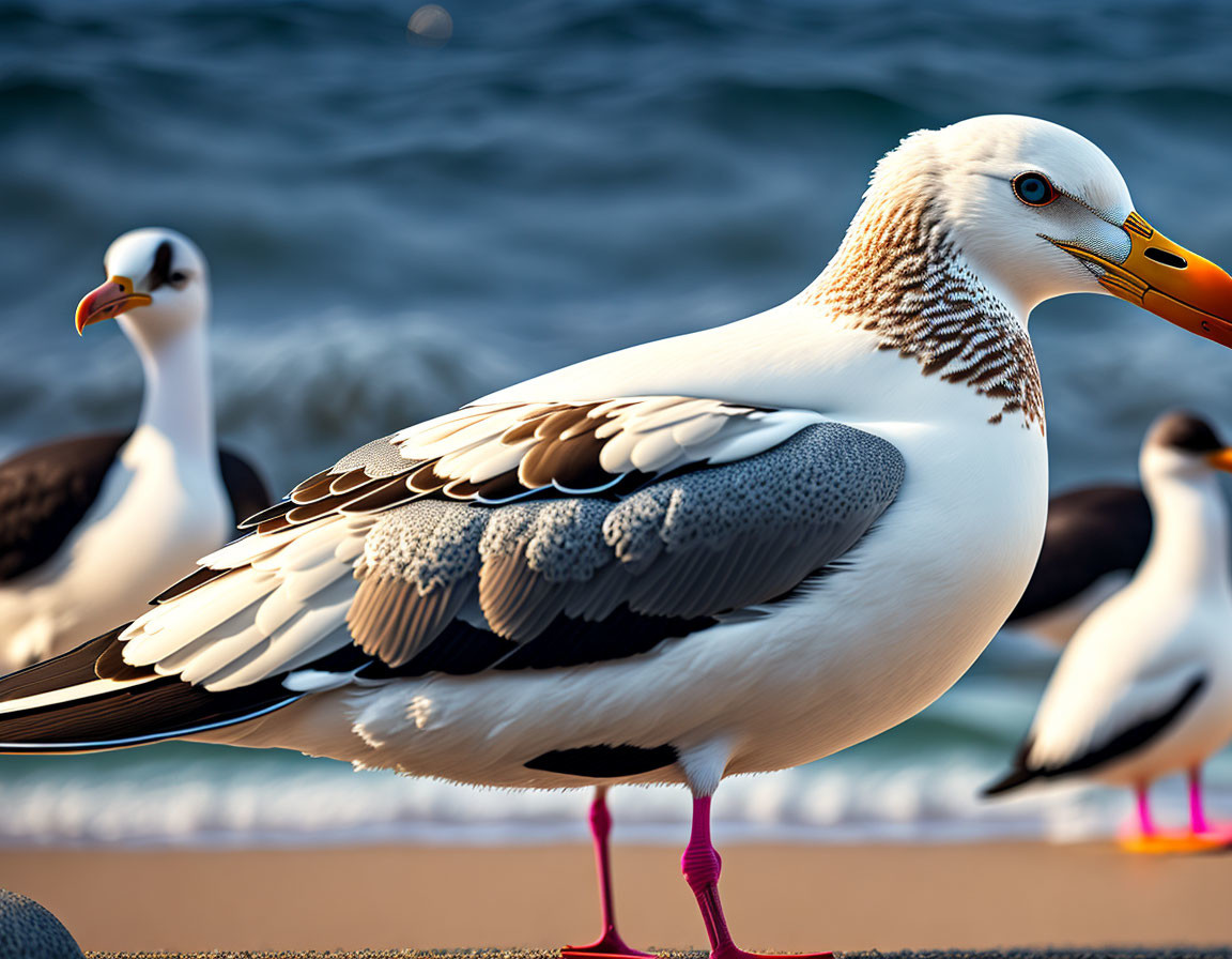 Detailed Close-Up of Seagull's Plumage on Shore at Sunset