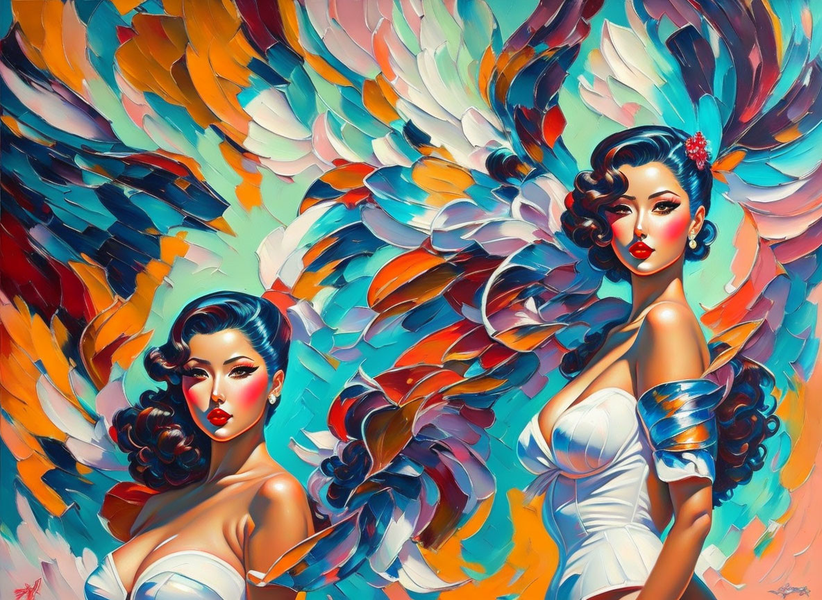 Colorful painting of two women with stylized hair amidst surreal feathers