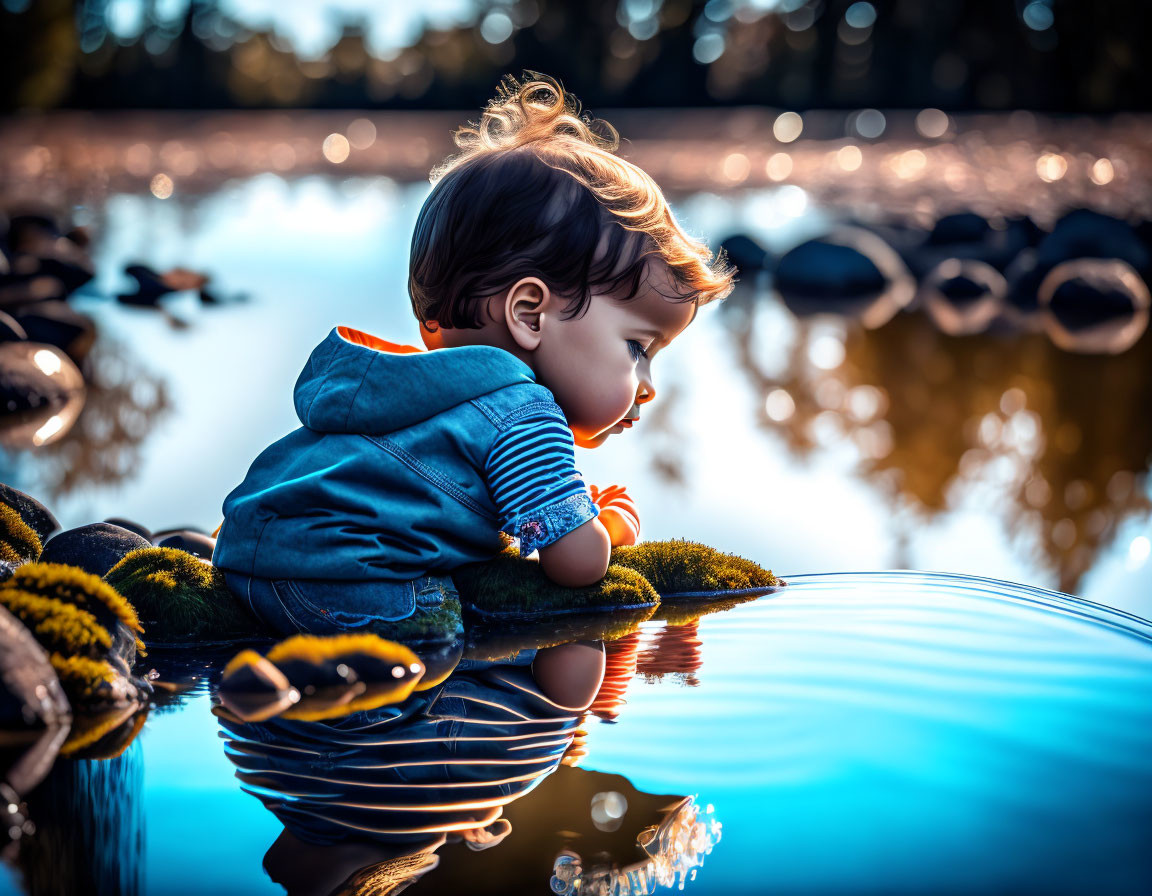 Curly-Haired Toddler by Calm Pond with Stones and Trees