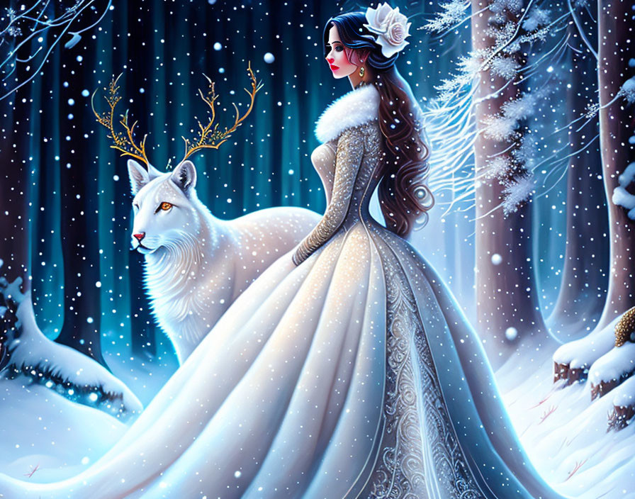 Woman with black hair and white rose in gold and white gown with fur trim in snowy forest with white