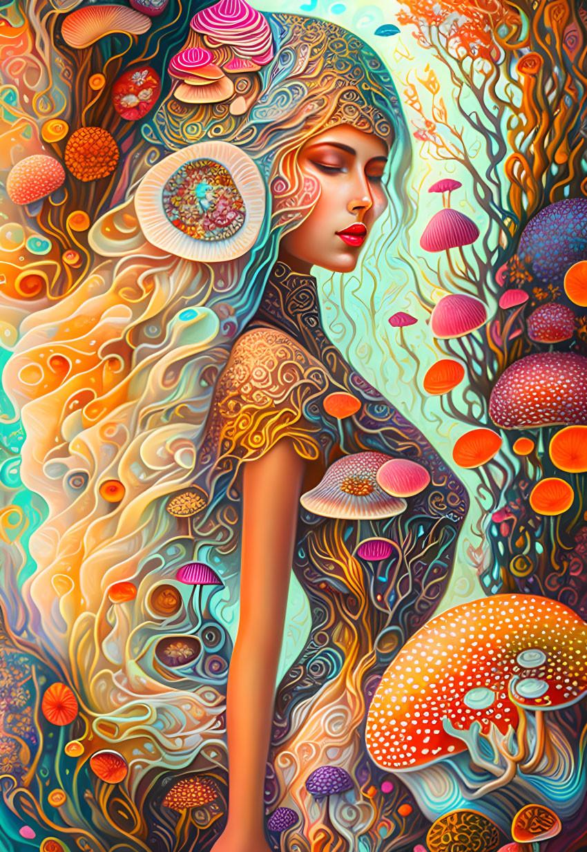 Colorful Illustration of Woman with Intricate Hair Patterns Among Psychedelic Trees & Mushrooms