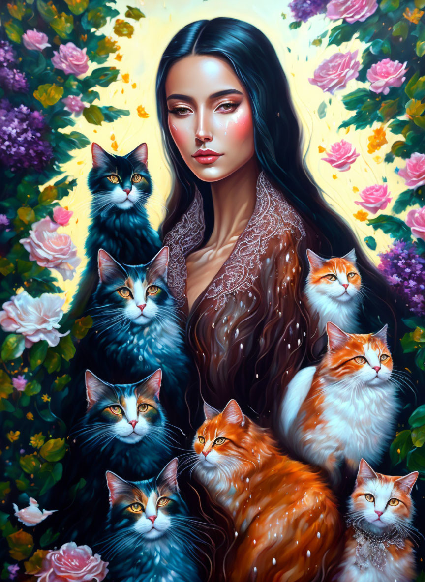 Woman with Dark Hair Surrounded by Cats on Floral Background