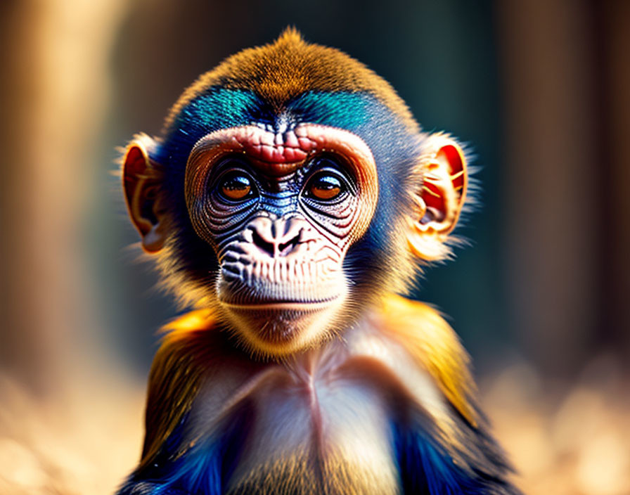 Close-up of young mandrill with blue and red facial features in nature.