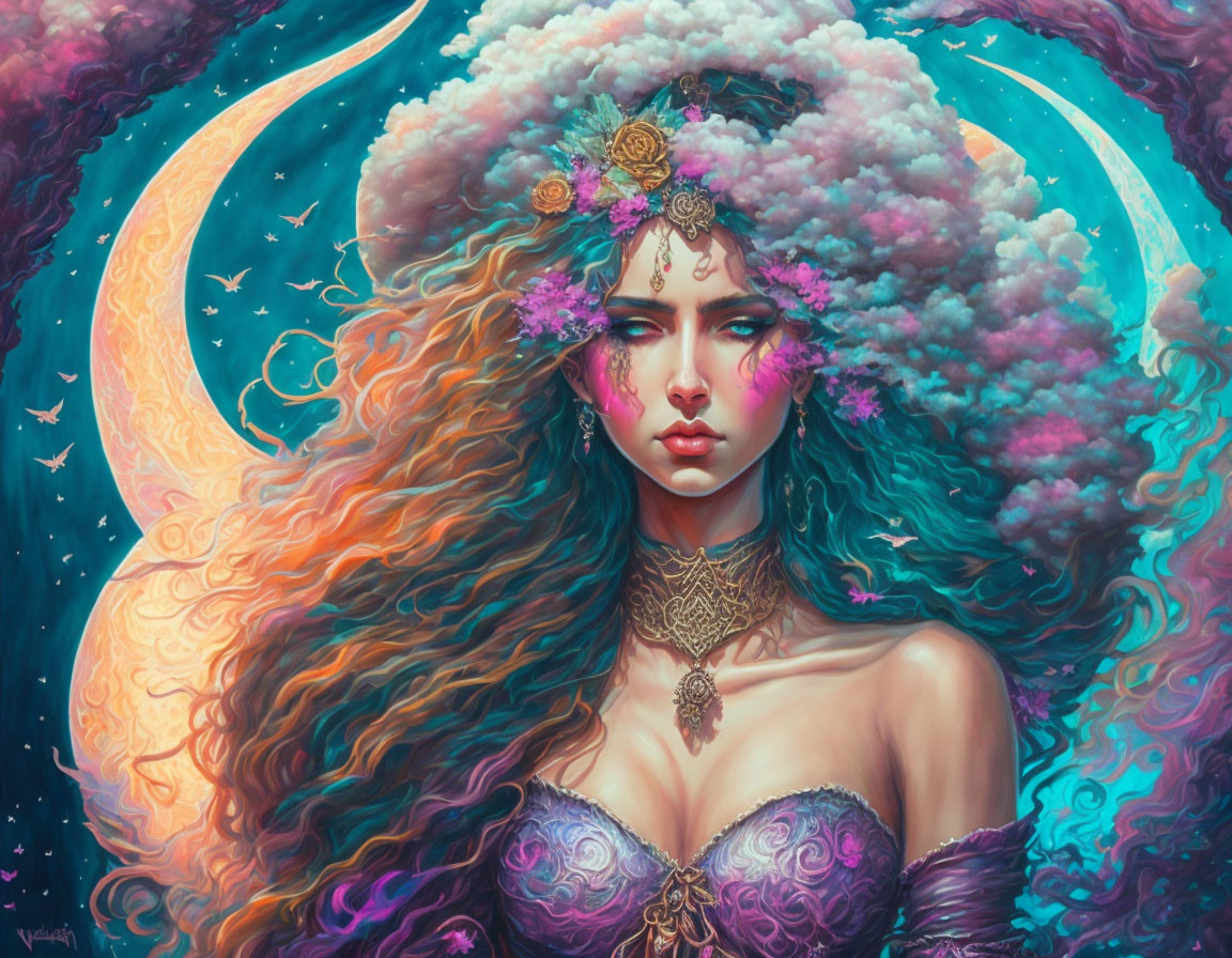 Fantastical portrait of woman with wavy hair, floral headdress, under crescent moon.