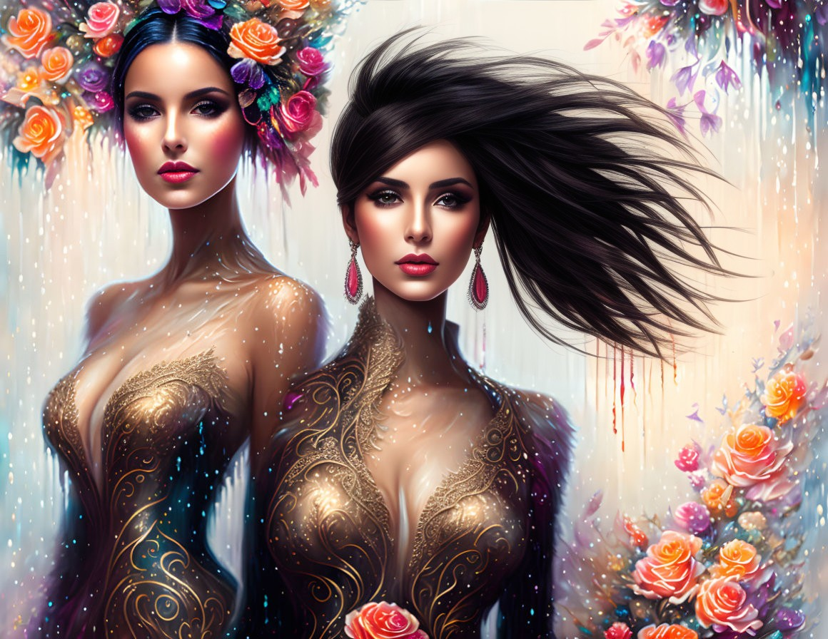 Illustrated Women with Floral Hairstyles and Golden Attire in Rose Background