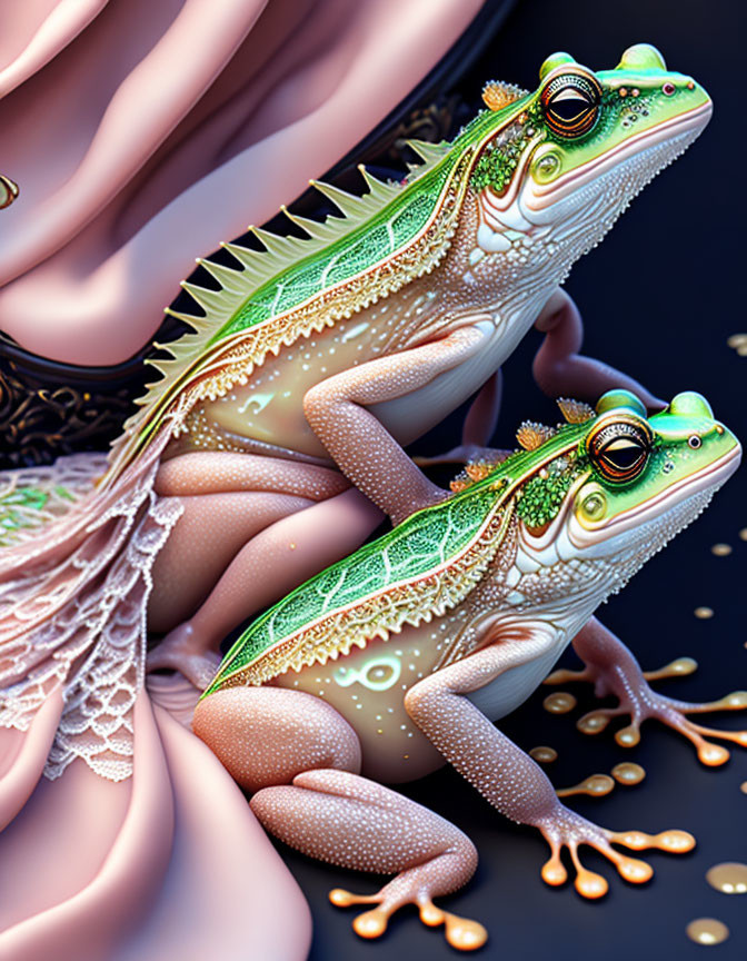 Fantastical green and gold frogs on ornate coral structures