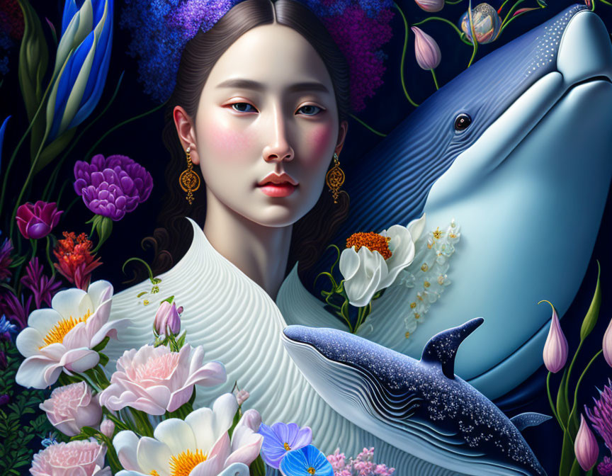 Colorful Illustration of Woman with Dolphins and Flowers