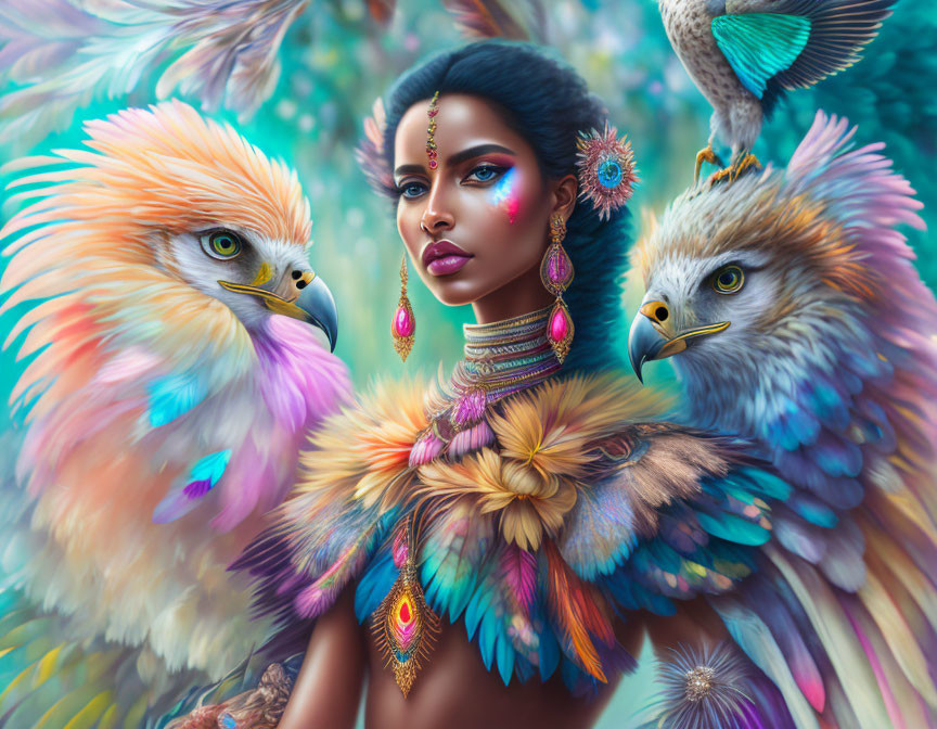 Colorful woman with vibrant makeup and fantastical eagles in whimsical scene