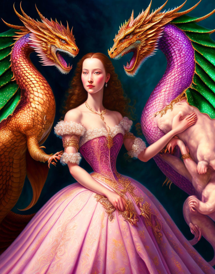 Regal woman in pink dress with gold and purple dragons.