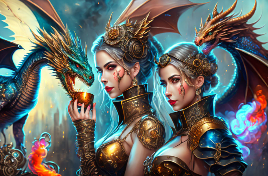 Regal women in ornate armor with majestic dragons in ethereal setting