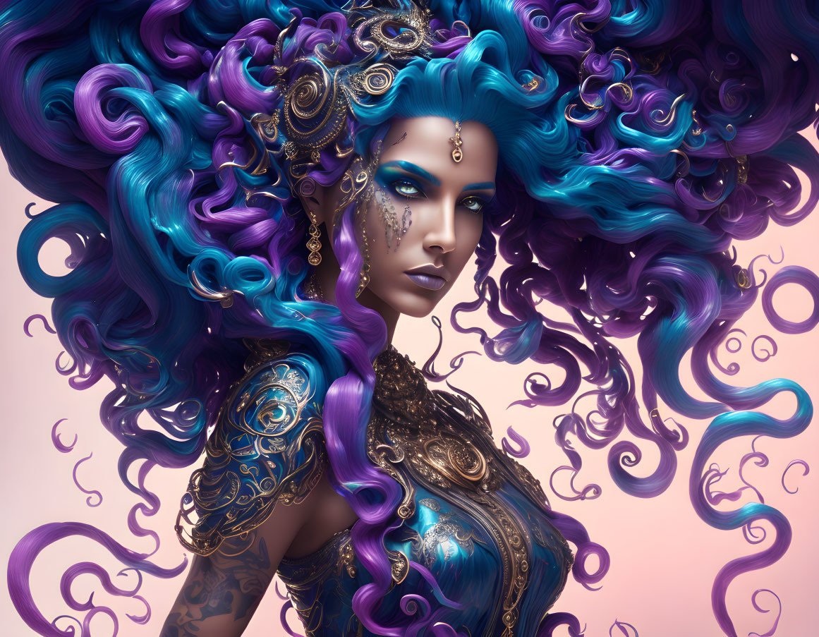 Vibrant blue and purple hair with gold ornaments in intricate golden armor portrait