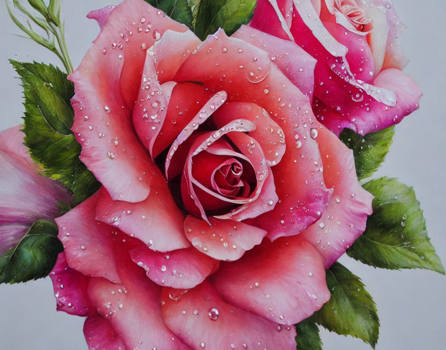 Vibrant pink rose with dewdrops, bud, and green leaves.