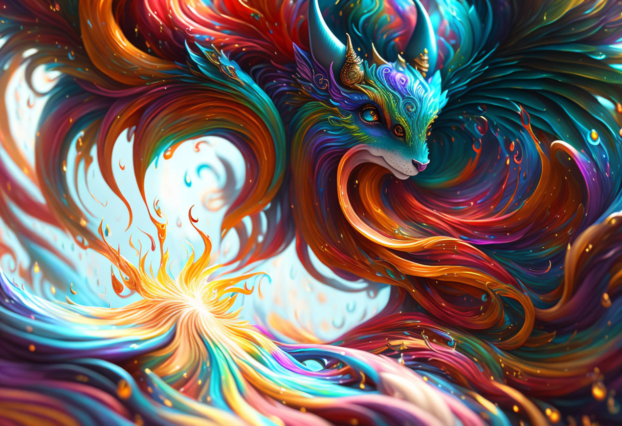Colorful Wolf-Like Creature in Abstract Swirls of Blue, Red, Orange, and Gold