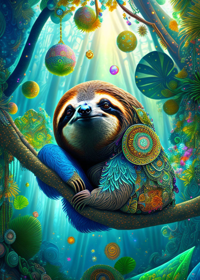 Colorful Sloth Resting in Neon Jungle with Sunbeams