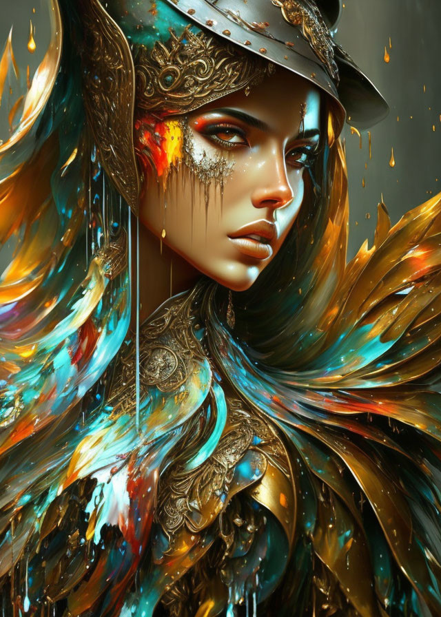 Fantasy portrait of woman with multicolored wings and golden armor