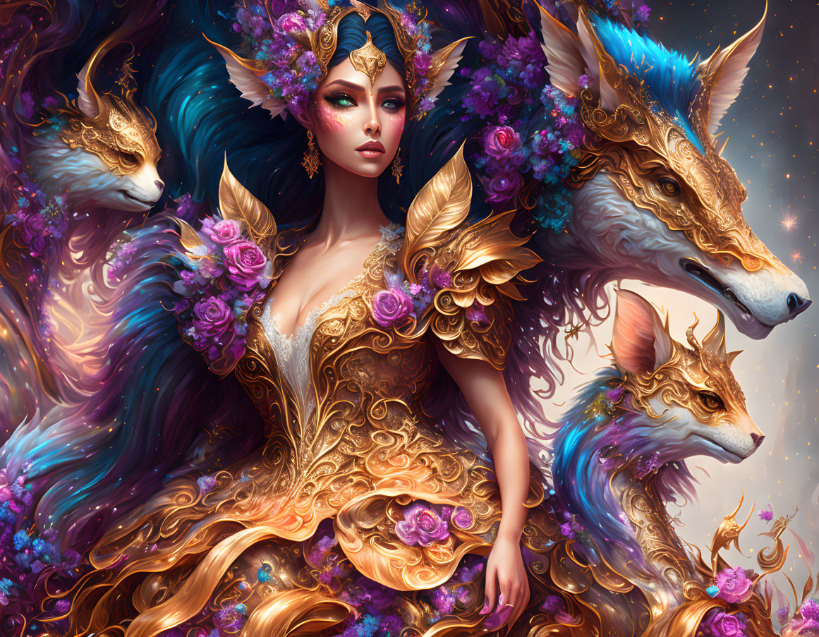 Fantasy illustration of woman in gold and blue attire with three mythical foxes.