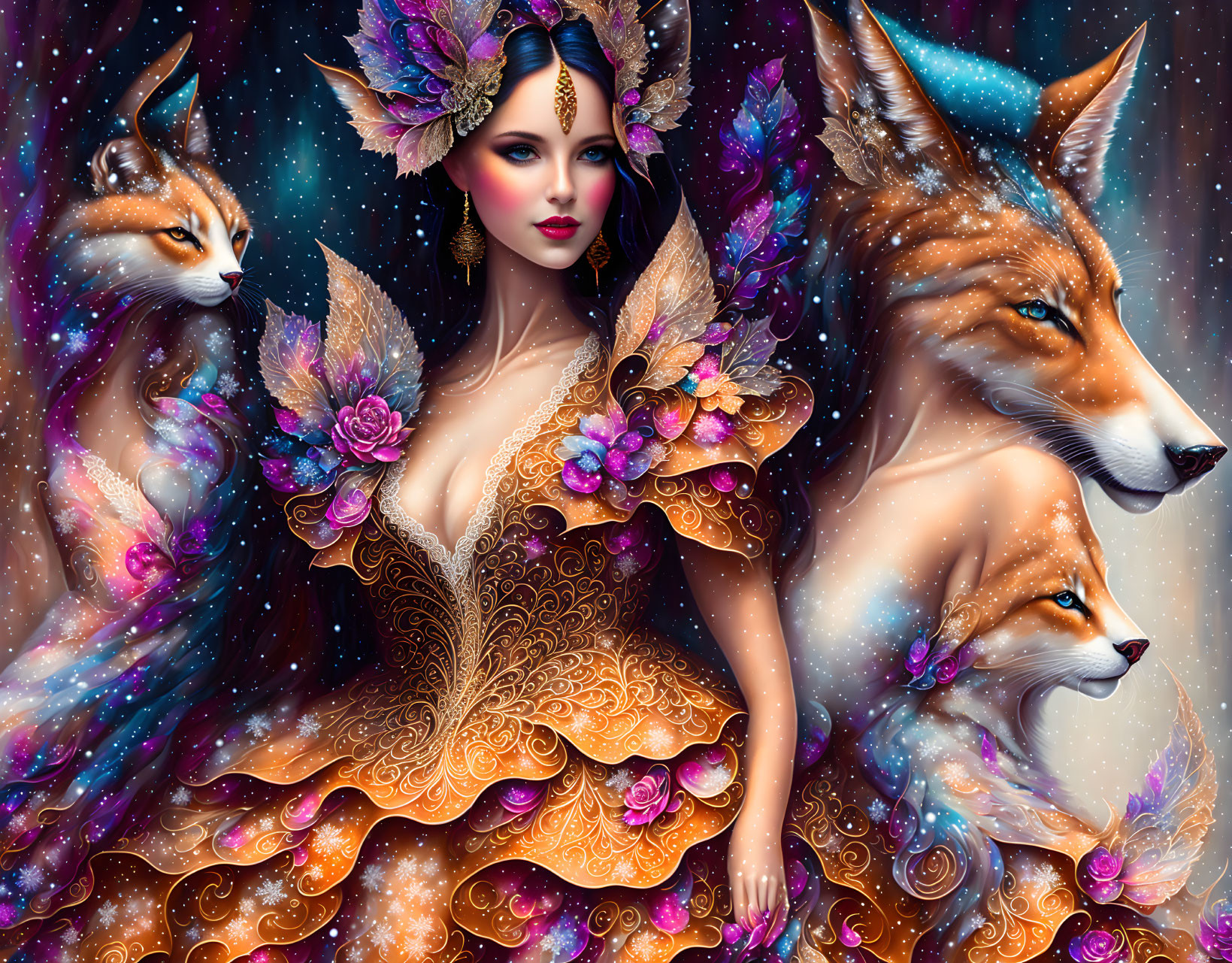 Woman in fox-themed attire surrounded by cosmic foxes in starry universe