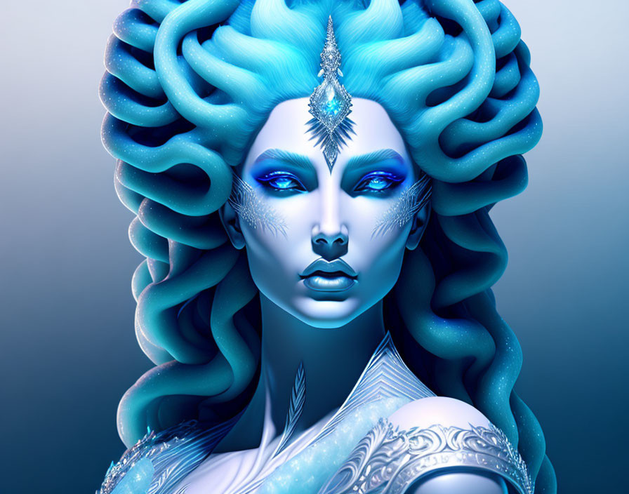 Blue-skinned woman with crystal-adorned hair and jeweled headdress.