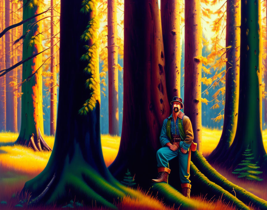 Hiker in forest surrounded by tall trees