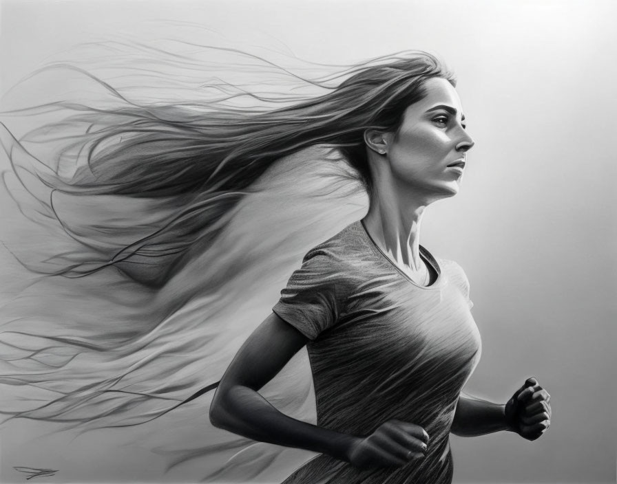 Monochrome artwork: Woman with flowing hair in motion.