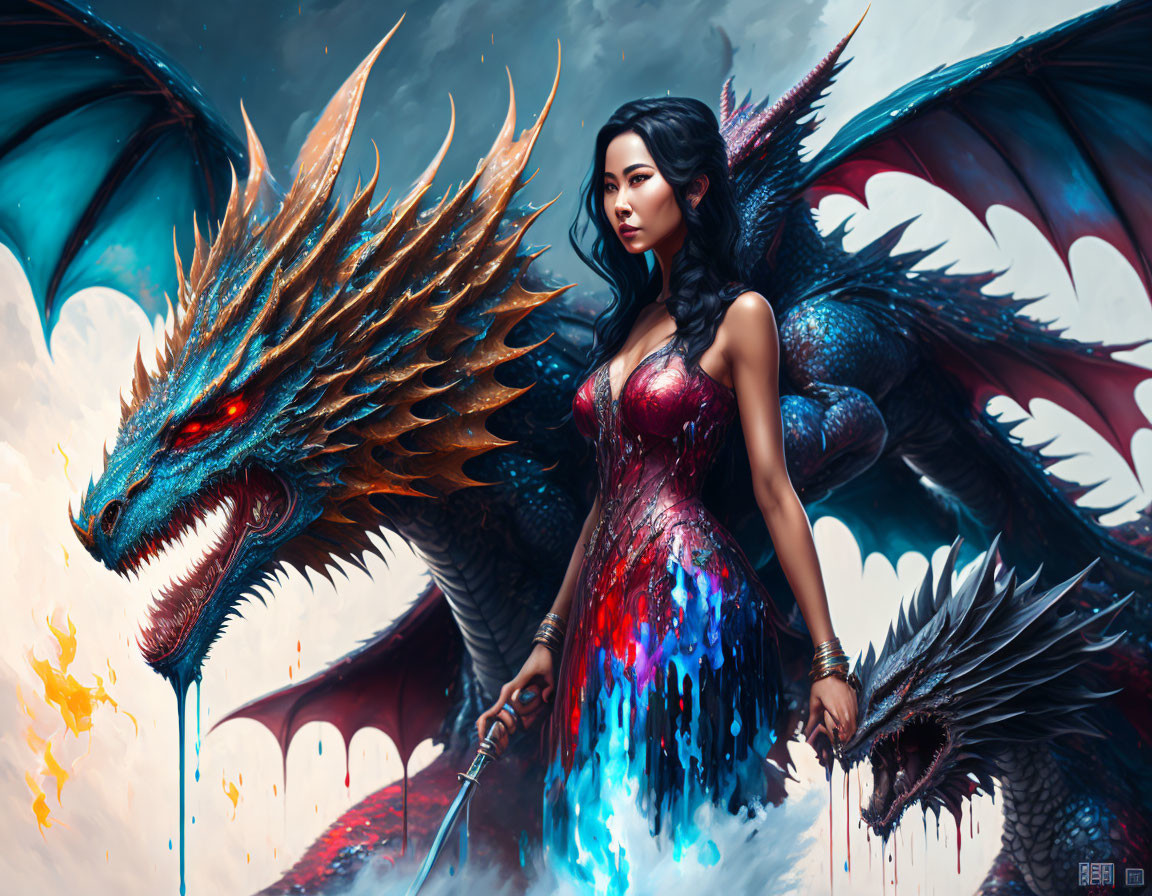 Woman in colorful dress with blue dragon under dramatic sky