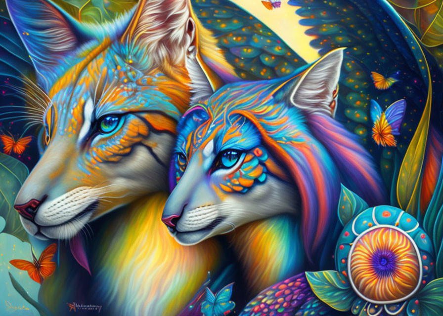 Colorful tribal pattern fox illustration with butterflies and flowers.