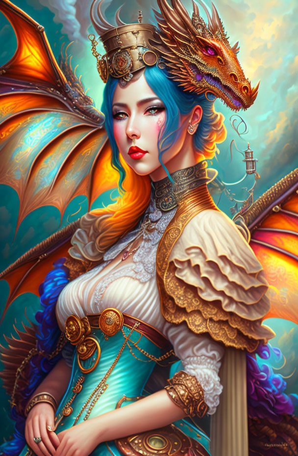 Regal woman with blue hair and golden crown posing with red dragon in vibrant setting
