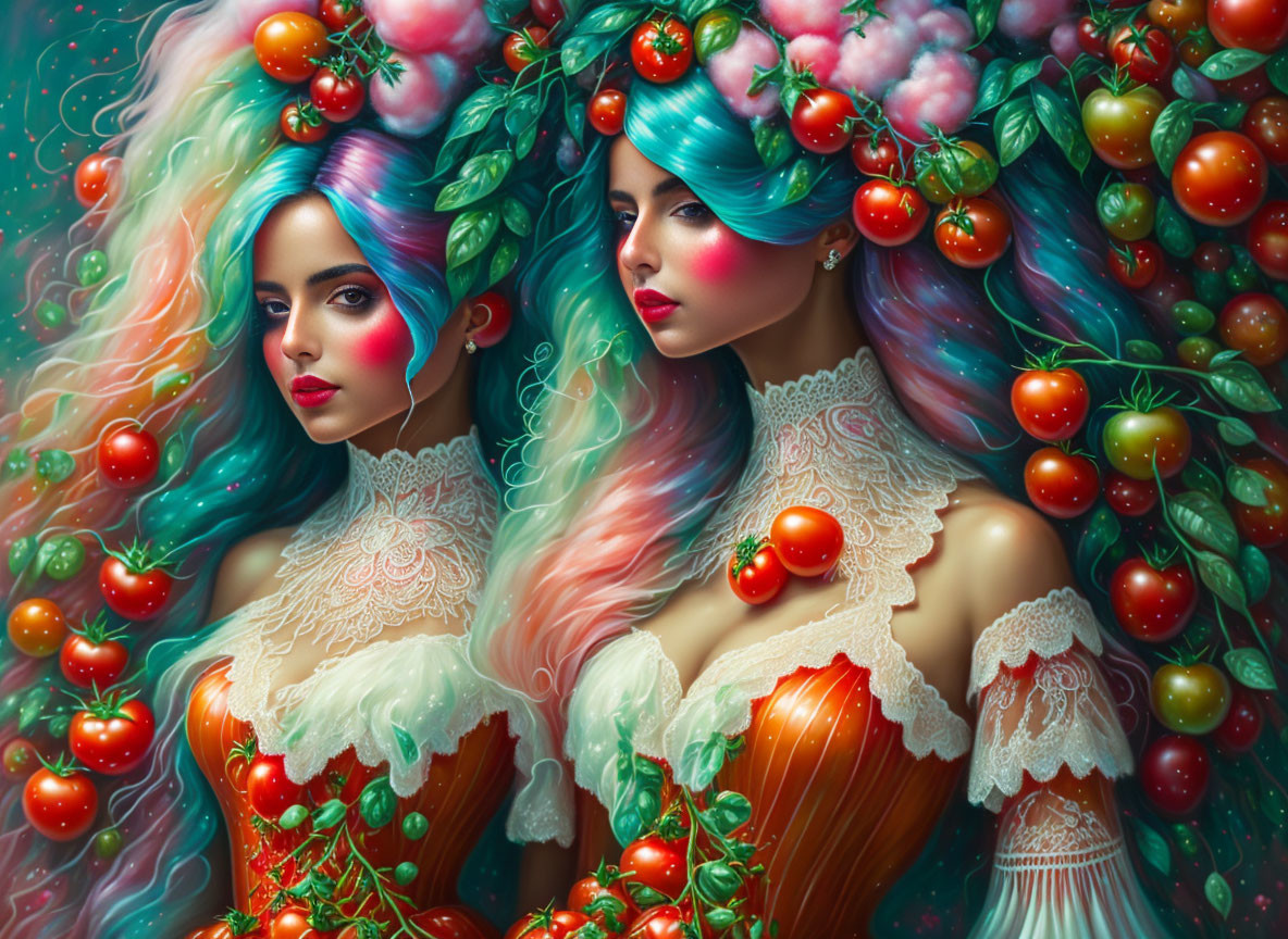 Colorful Women with Tomato and Greenery Hair on Floral Background