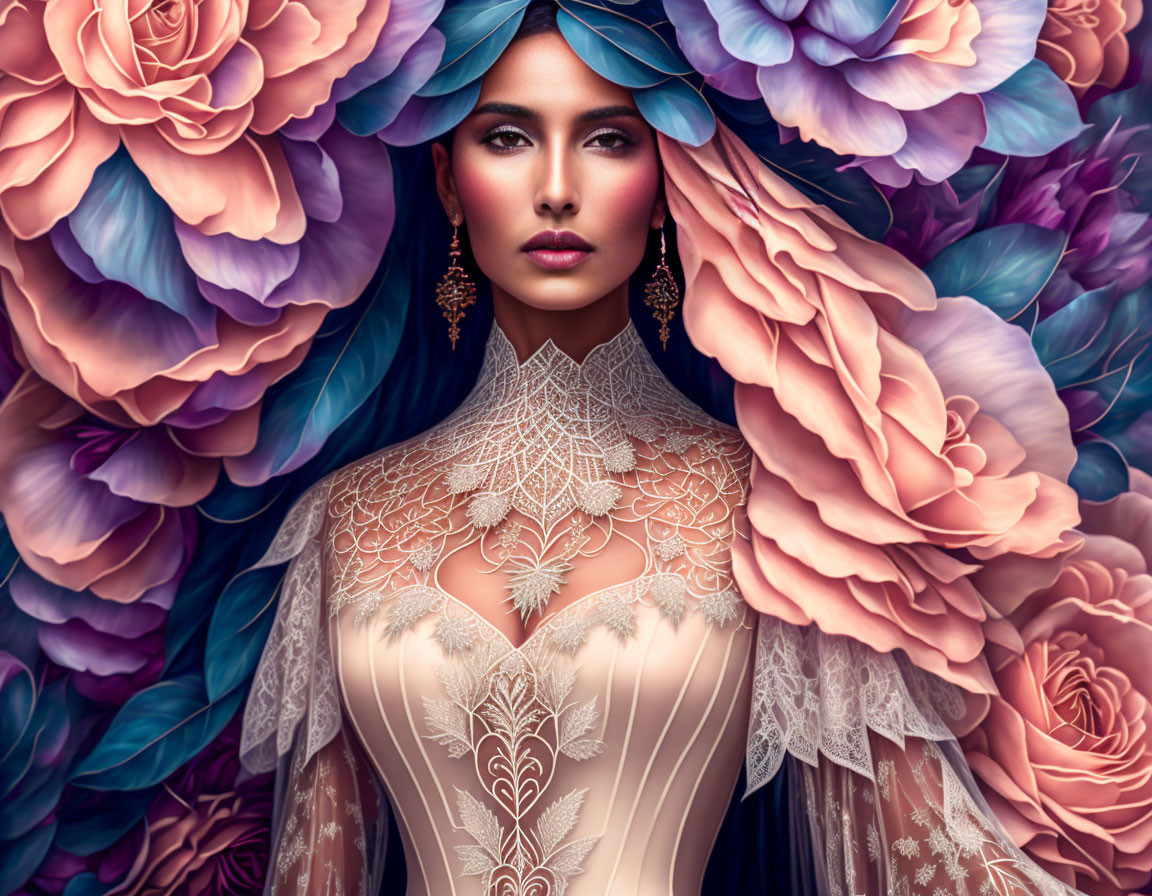 Captivating-eyed woman in lace dress among oversized pastel roses