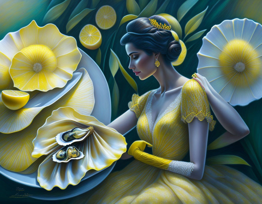 Illustrated woman in yellow dress with pearls and oysters, lemon slices, white flowers in art nouveau