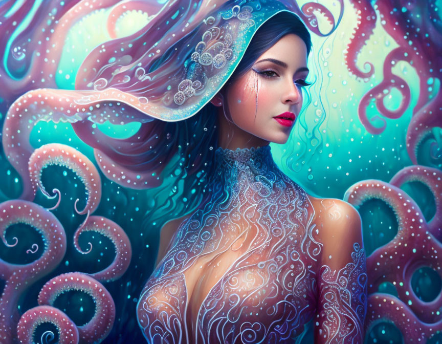 Digital artwork: Woman with octopus patterns and flowing hair in blue and purple backdrop