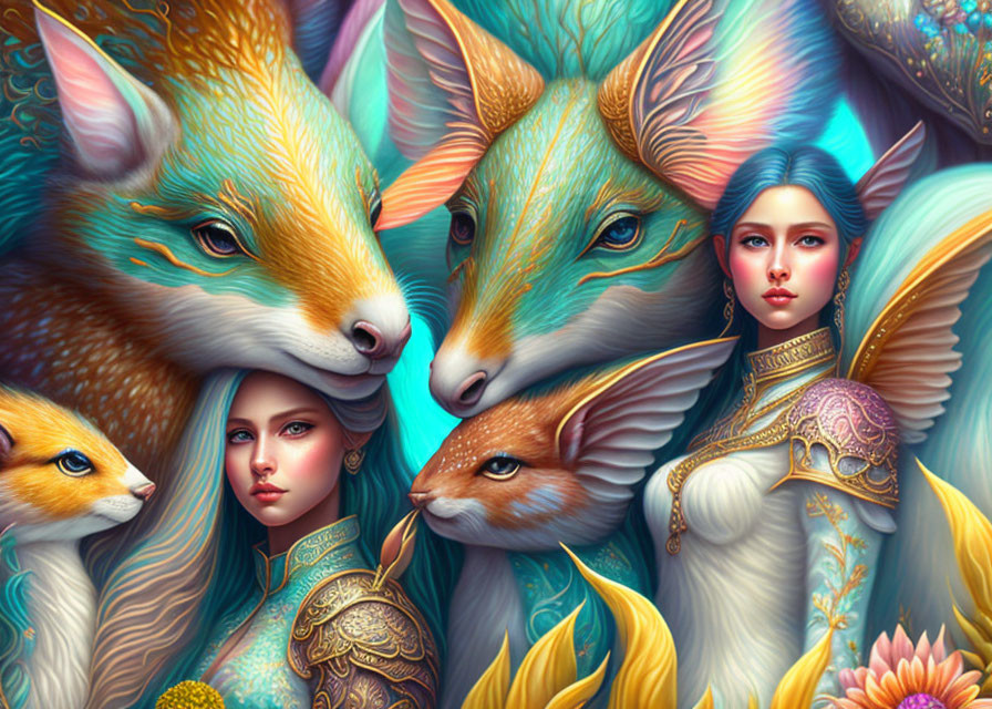 Colorful illustration of serene woman with fantastical animals