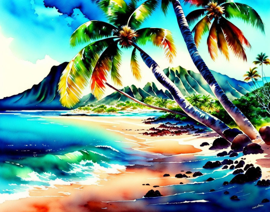 Tropical Beach Scene with Palm Trees, Blue Waters, Mountains, and Colorful Sky