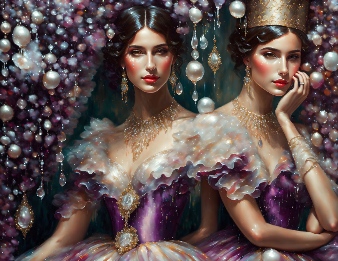 Two women in ornate gowns with gold and purple details, styled hair, surrounded by beads.