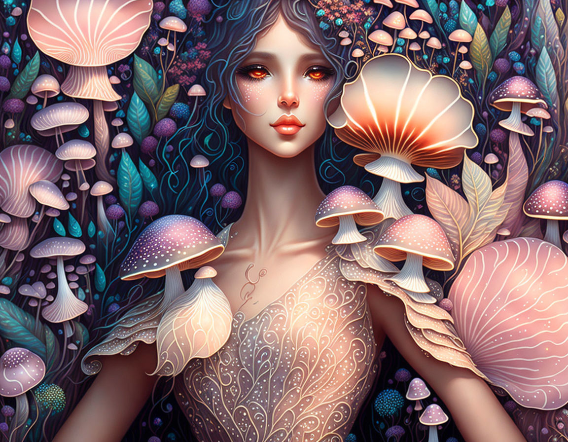 Colorful Mushroom and Plant Stylized Portrait with Fantasy Aesthetic