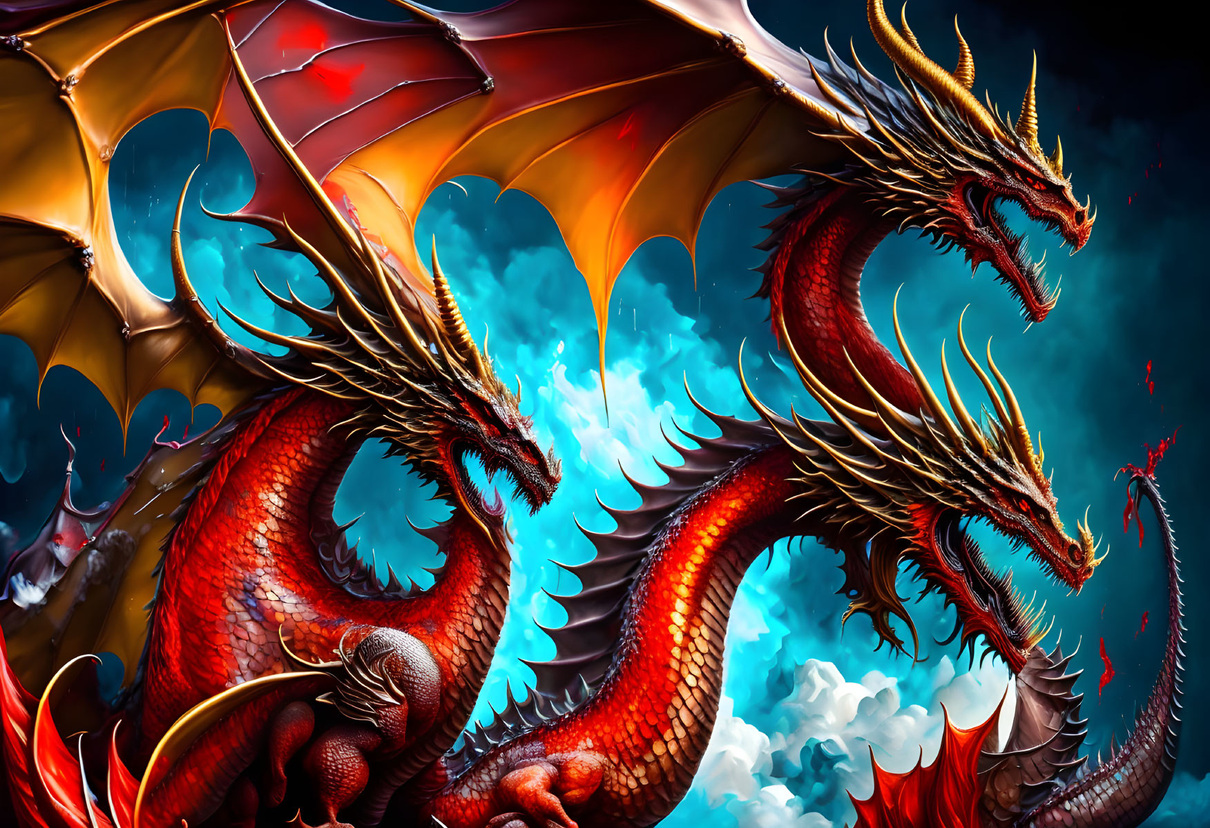 Vibrant red dragons with extended wings in dramatic confrontation