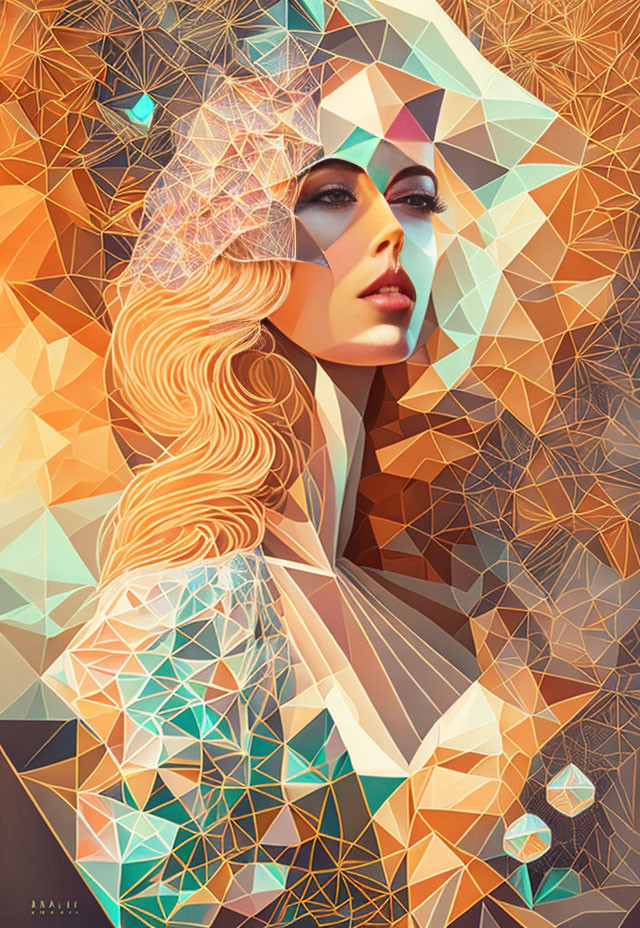 Geometric art portrait of a woman with blonde hair and blue eyes in earth-toned triangle mosaic