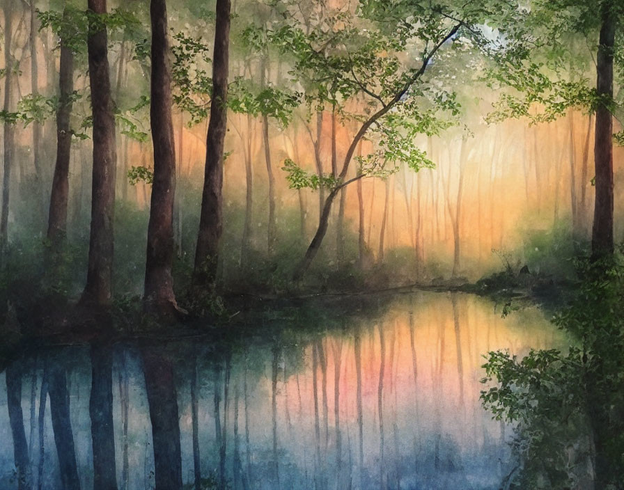 Tranquil watercolor: misty forest, sunrise, calm river.