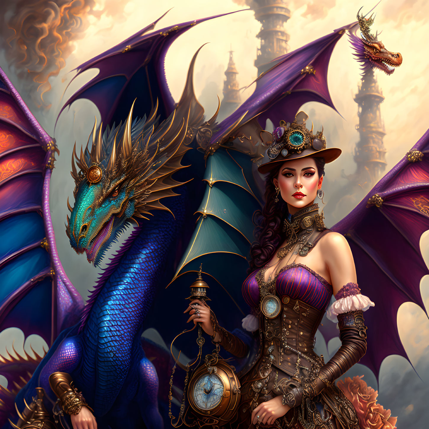 Steampunk woman with mechanized parasol beside majestic blue dragon