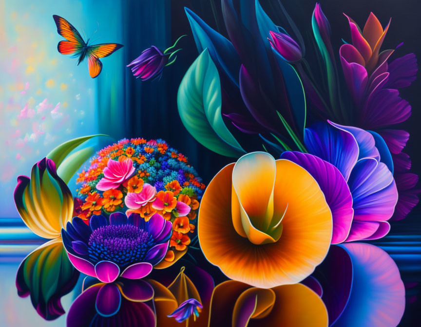 Colorful Flower and Butterfly Painting with Bold Colors and Reflections