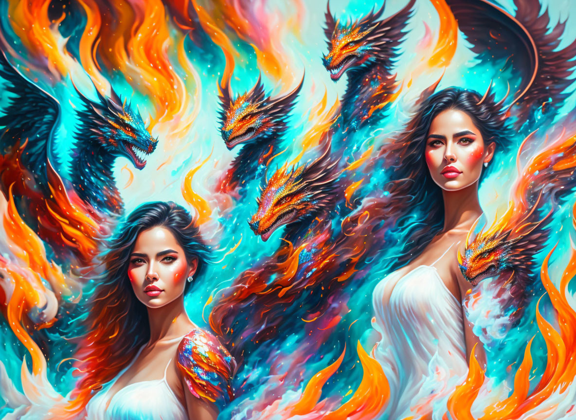 Vibrant fantasy art: Two women with fiery phoenixes in dynamic colors.